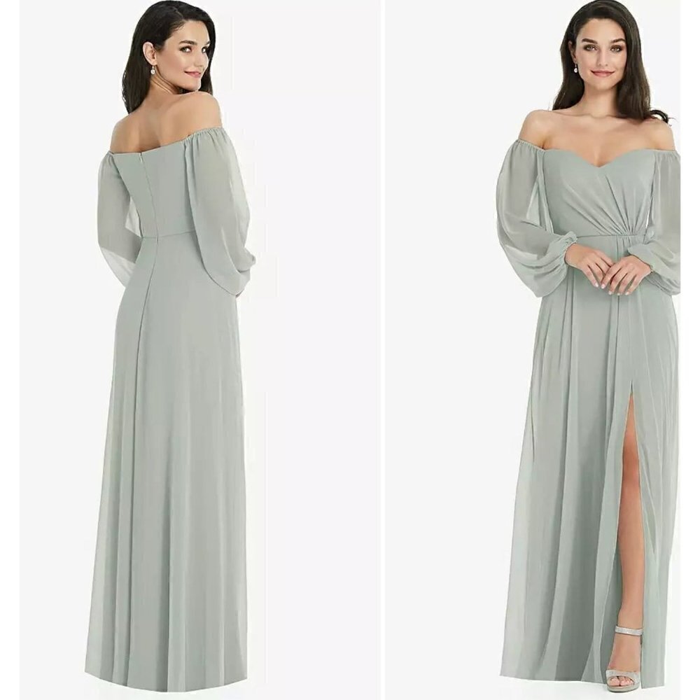 New Dessy Collection Size 2 OFF-THE-SHOULDER PUFF SLEEVE MAXI DRESS willow green